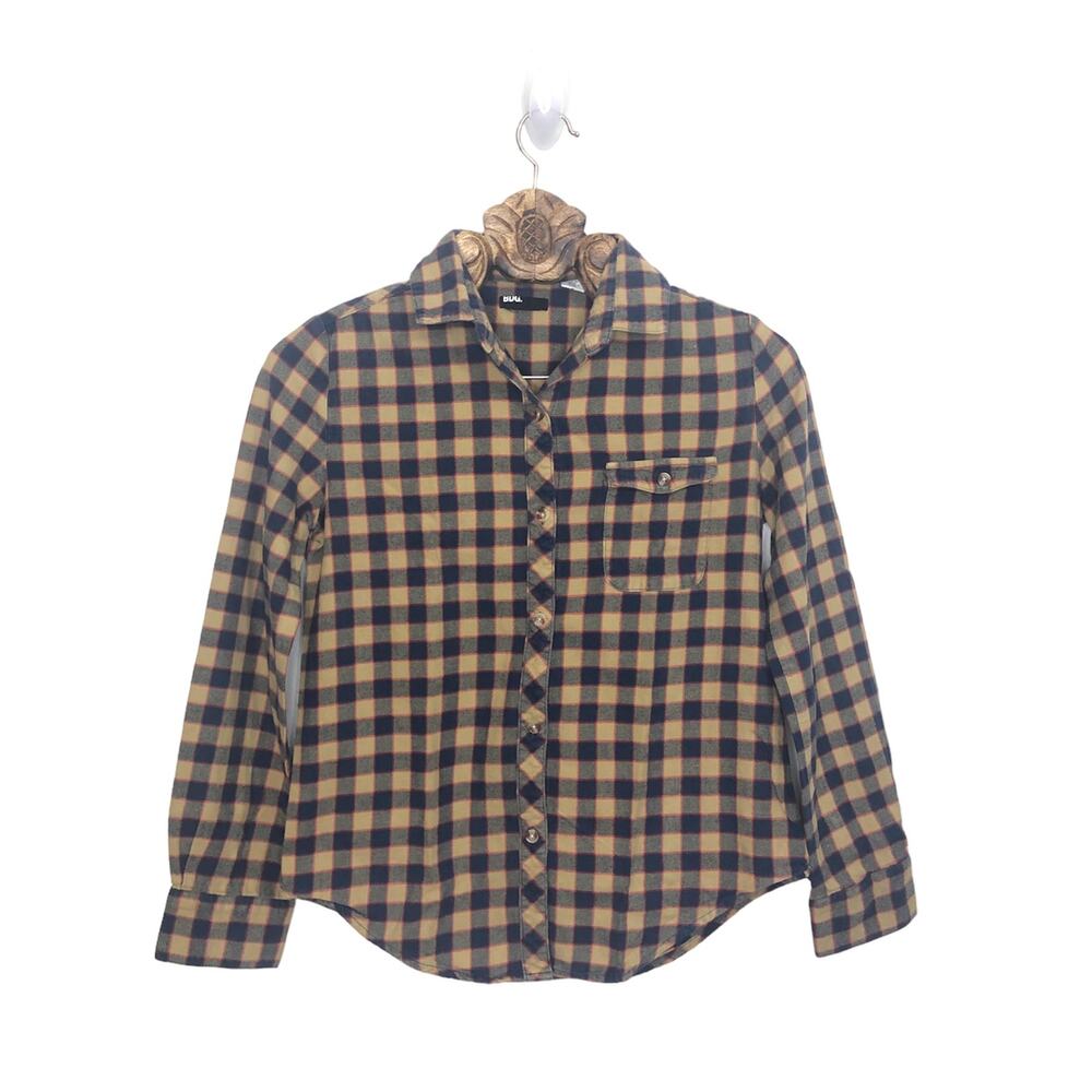 Urban Outfitters BDG Plaid Flannel Button Up Tan Navy Scoop Hem Cotton Small